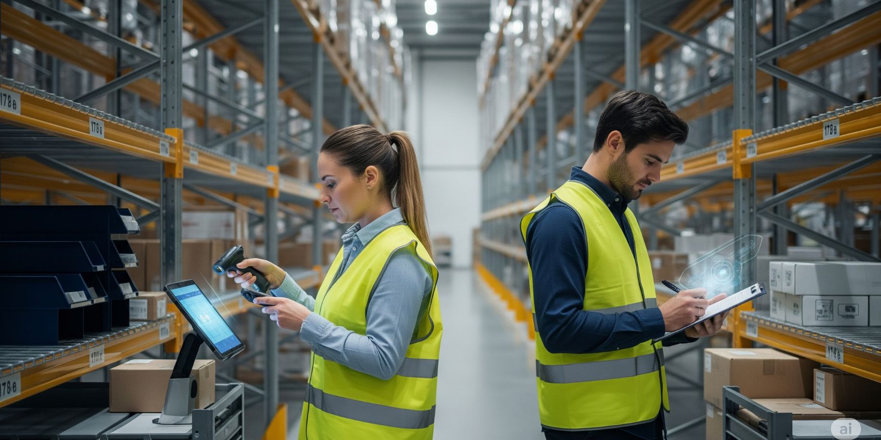 Employee inspects goods for quality assurance in a warehouse